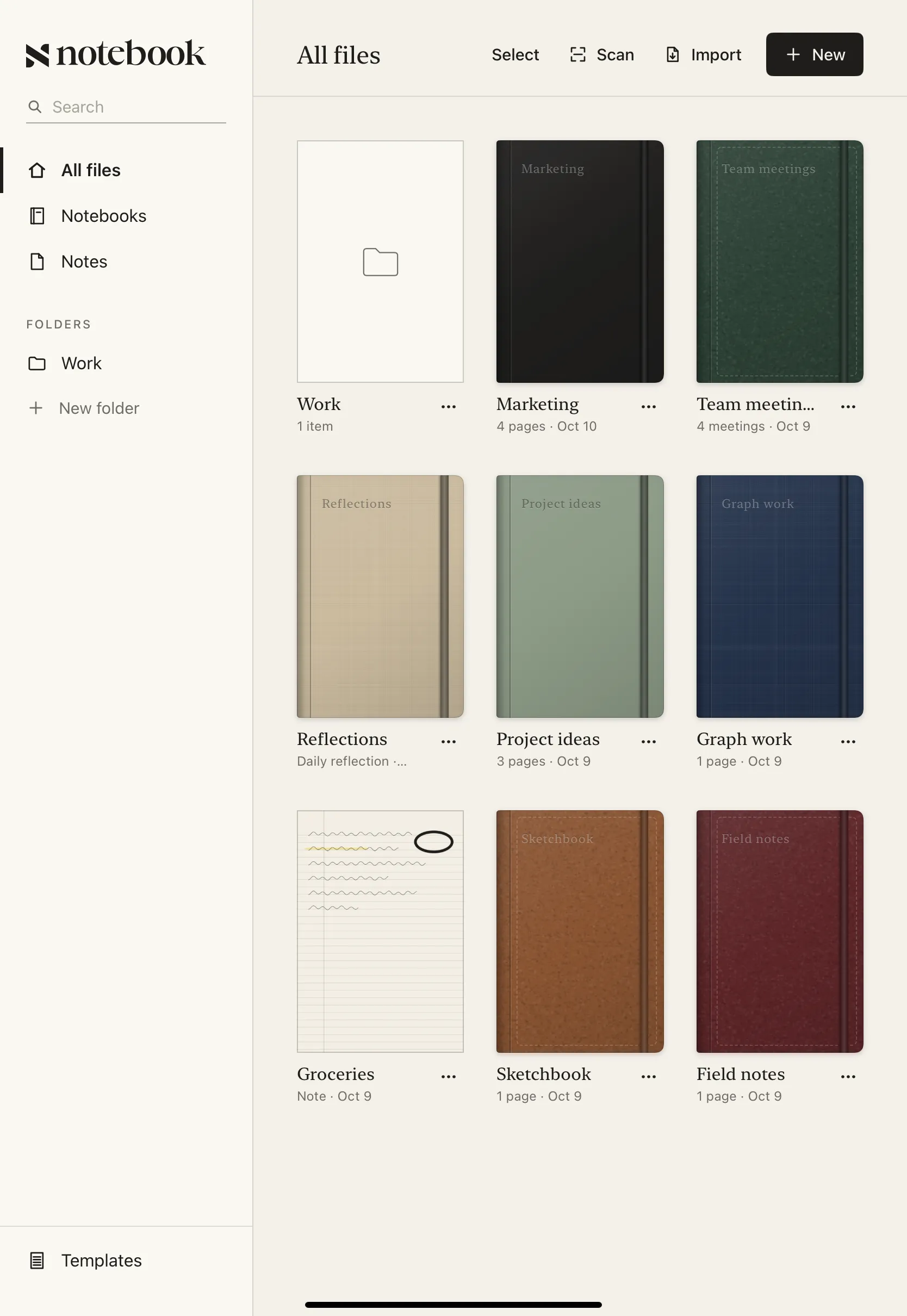The Notebook library: notebooks in black, green, linen, sage, leather and burgundy hardcovers.