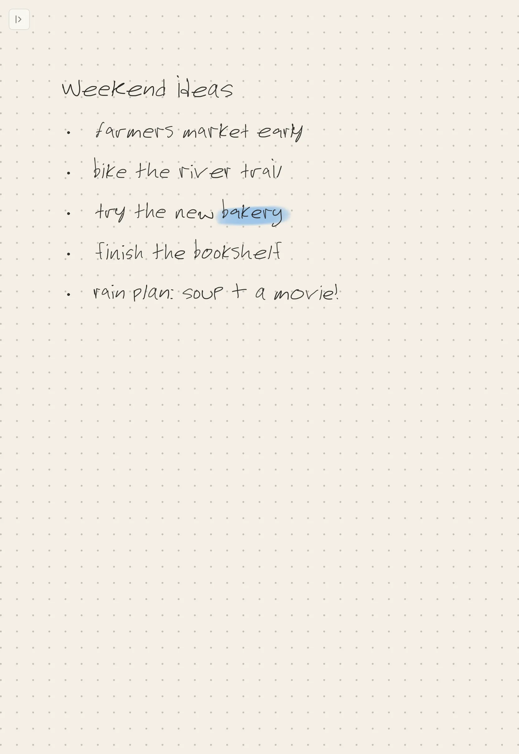 A page with only a small tab in the corner. The toolbar slides out from the left edge and tucks away again.