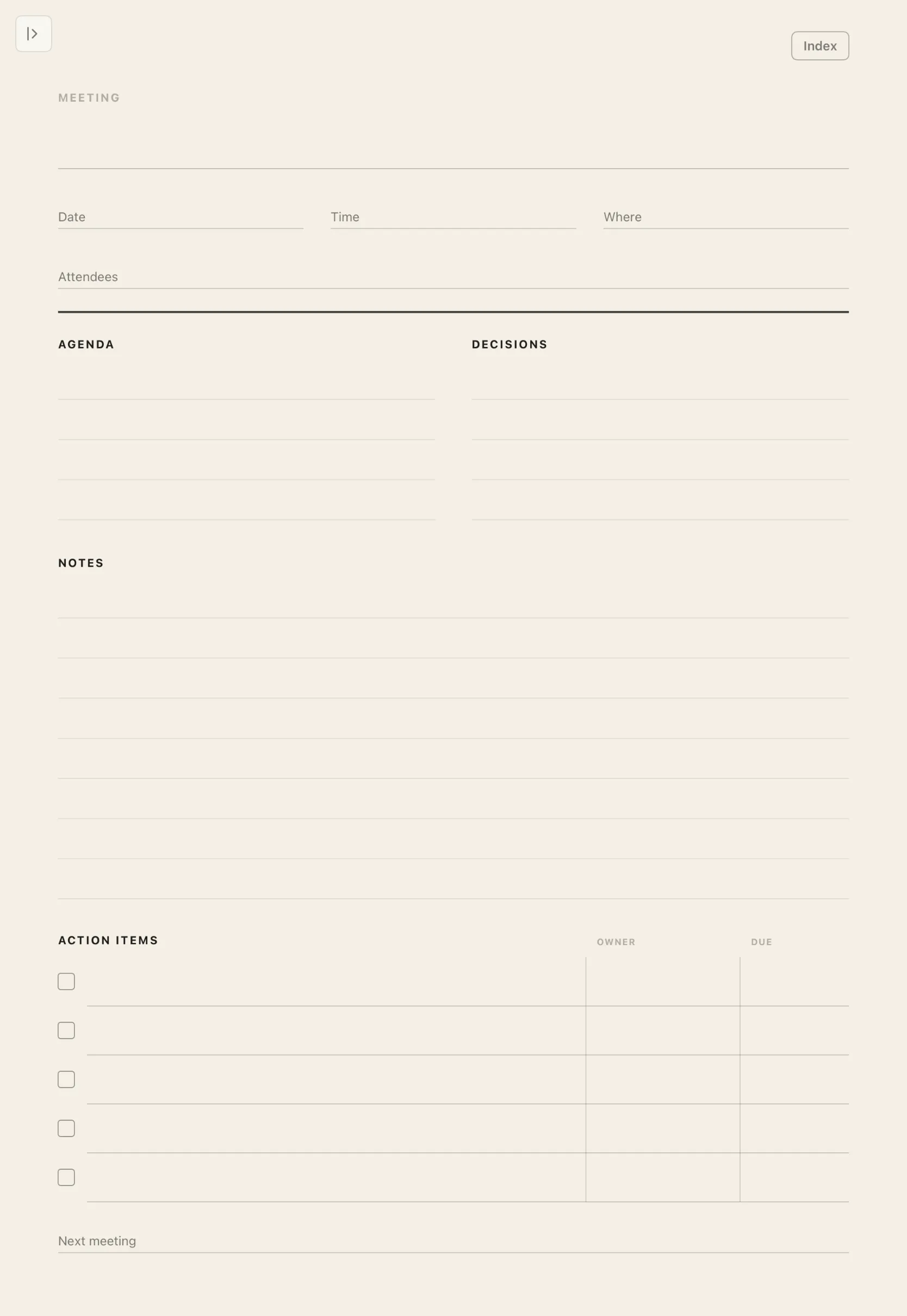 A meeting page, with the meetings index behind it.